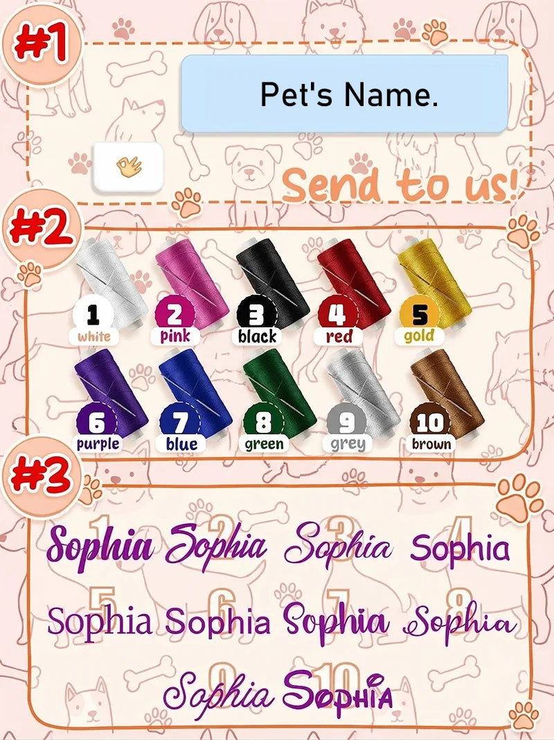 Dog wearing embroidered name bandana