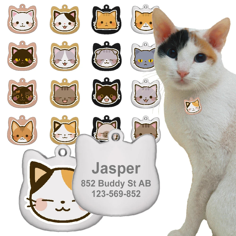 Colorful engraved cat name tags in 16 designs